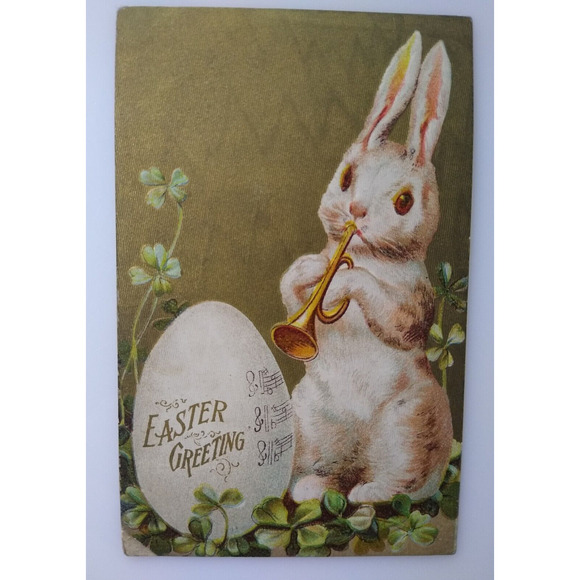 Easter Postcard Fantasy Bunny Rabbit Musician Plays Horn Gold 1909 Music Notes - Picture 2 of 3